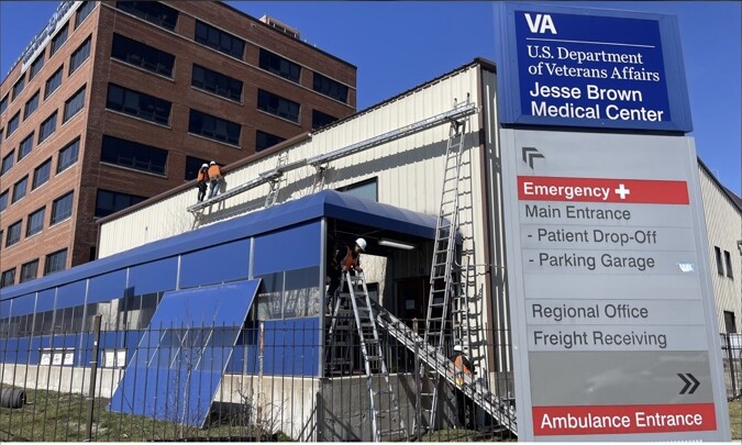 Leaf Gutter crew completing exterior gutter and fascia work at Jesse Brown VA Medical Center in Chicago